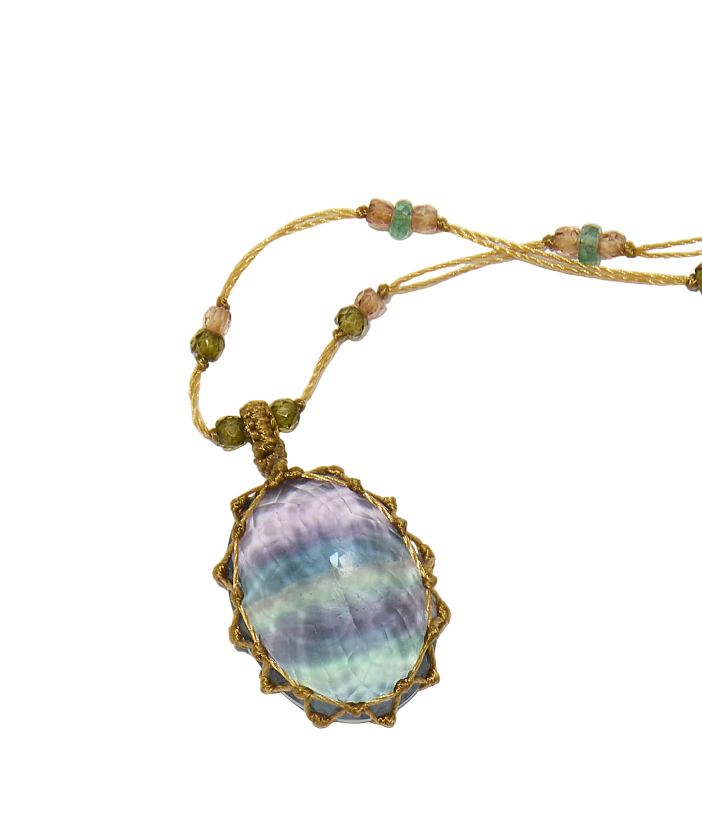 Collier Court Tibétain - Fluorite rainbow - Mix Emeraude - Fil Beige