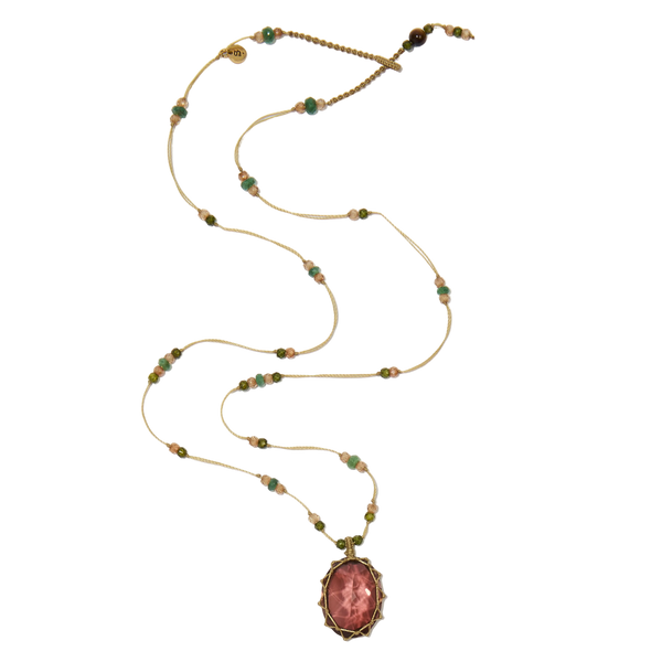Collier court tibétain - Dublet Champagne - Mix Emeraude - Fil Beige
