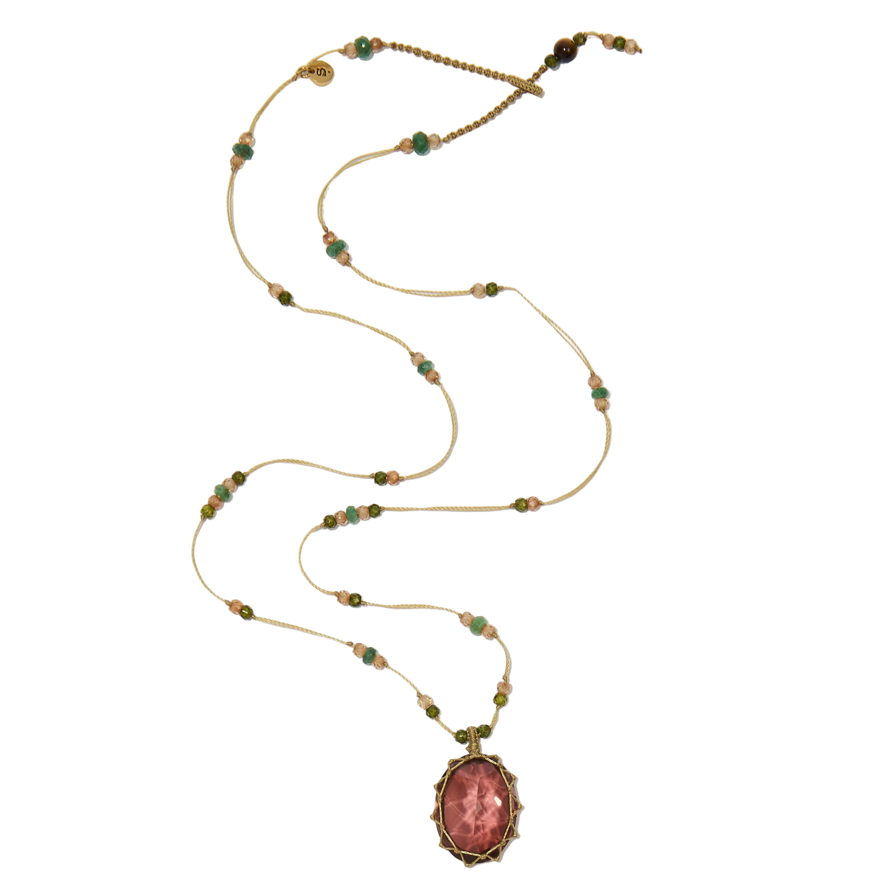 Collier court tibétain - Dublet Champagne - Mix Emeraude - Fil Beige