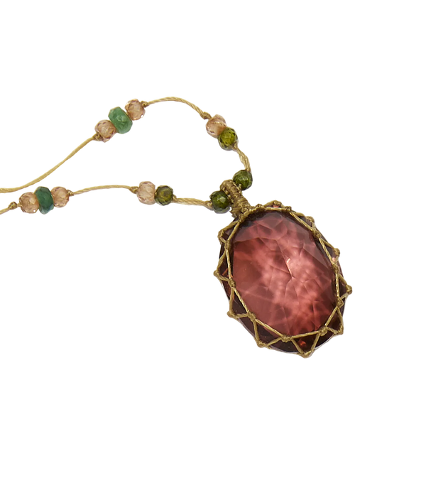 Collier court tibétain - Dublet Champagne - Mix Emeraude - Fil Beige