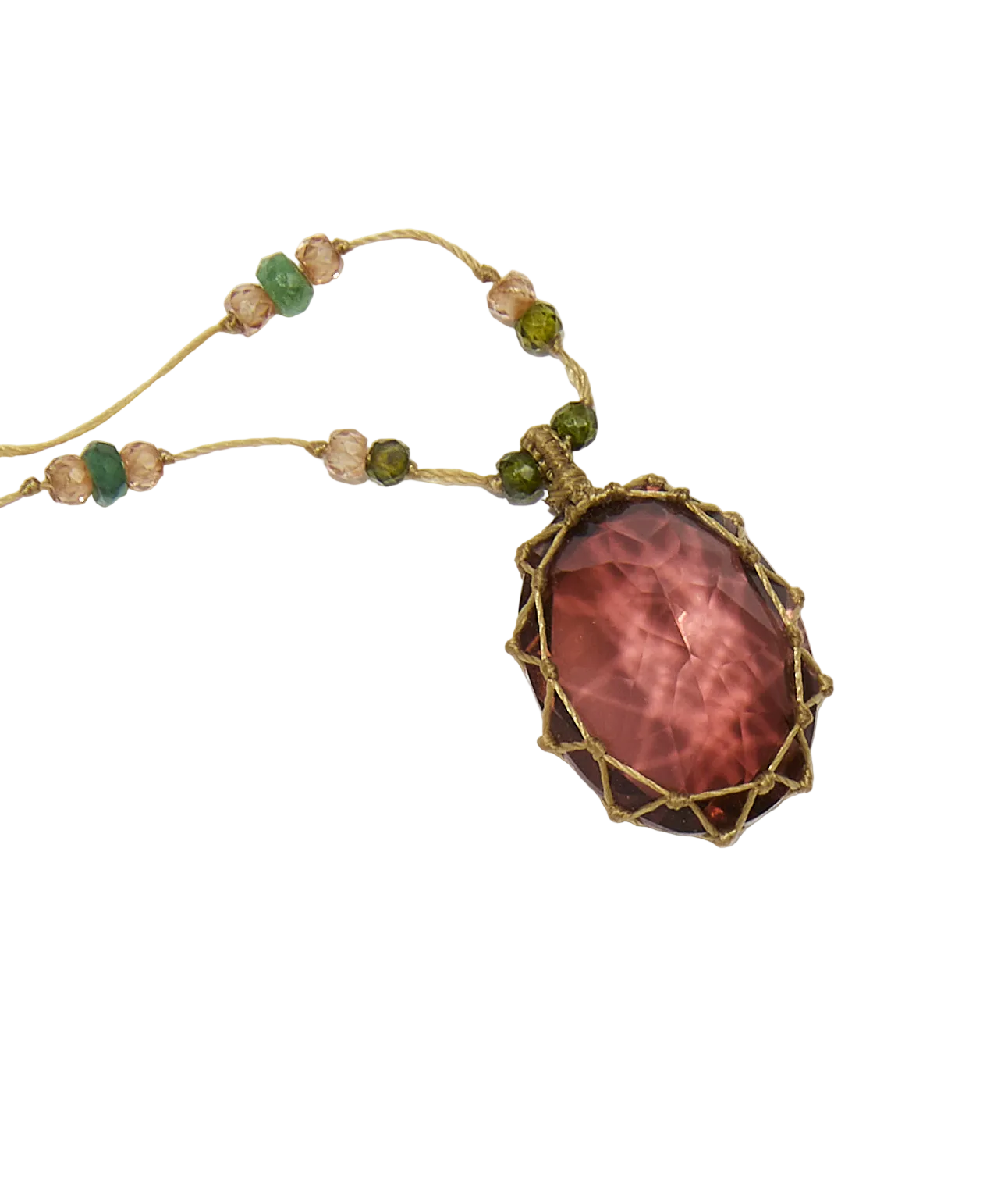 Collier court tibétain - Dublet Champagne - Mix Emeraude - Fil Beige