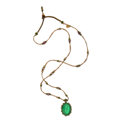 Collier court tibétain - Dublet Emeraude - Mix Tourmaline Rose - Fil Tabac