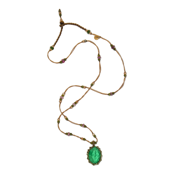 Collier court tibétain - Dublet Emeraude - Mix Tourmaline Rose - Fil Tabac