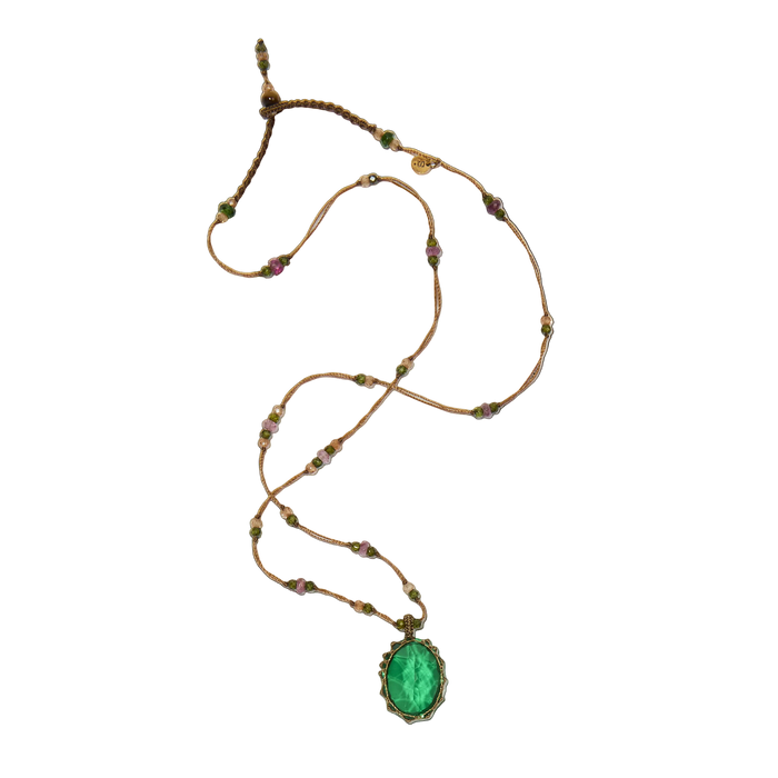 Collier court tibétain - Dublet Emeraude - Mix Tourmaline Rose - Fil Tabac