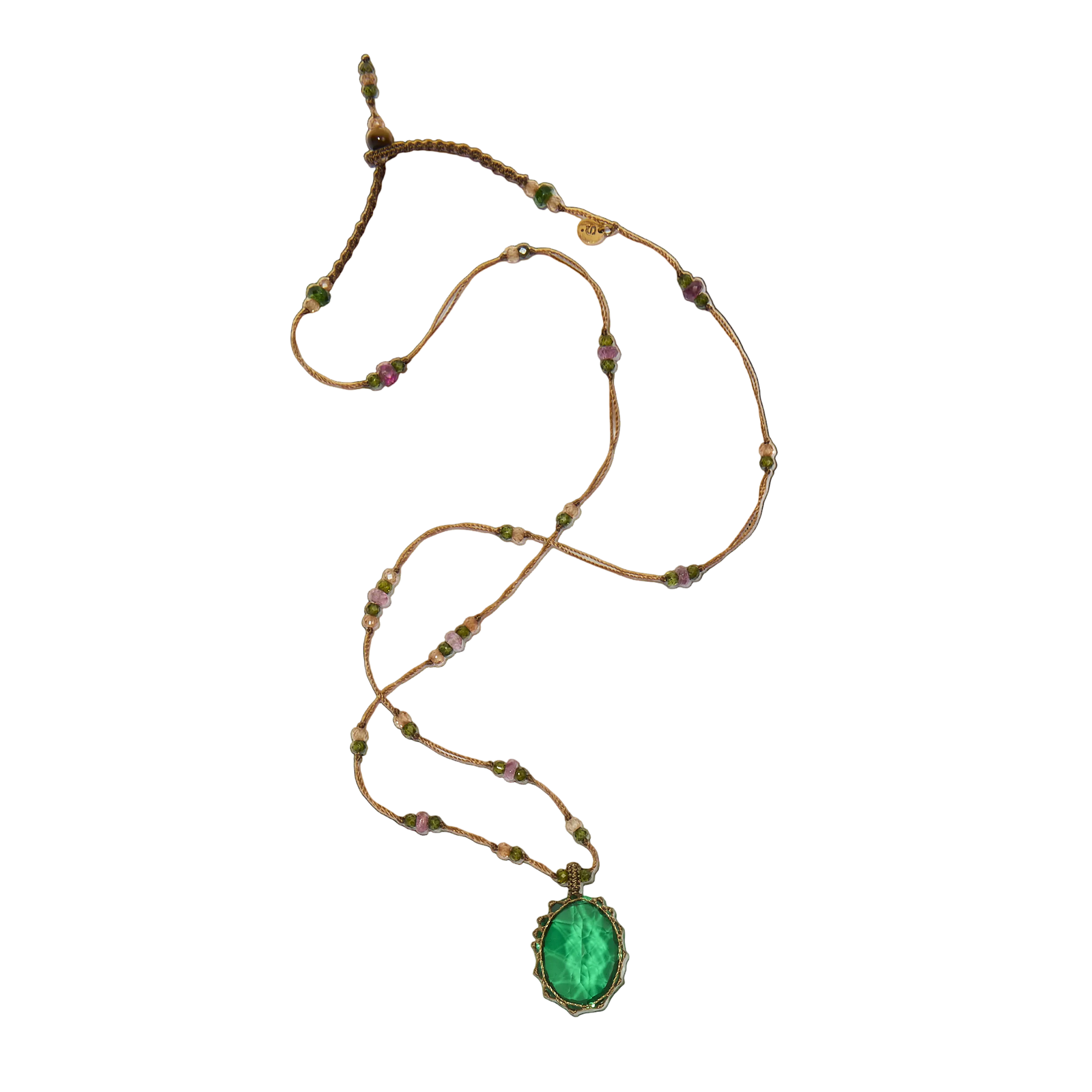 Collier court tibétain - Dublet Emeraude - Mix Tourmaline Rose - Fil Tabac