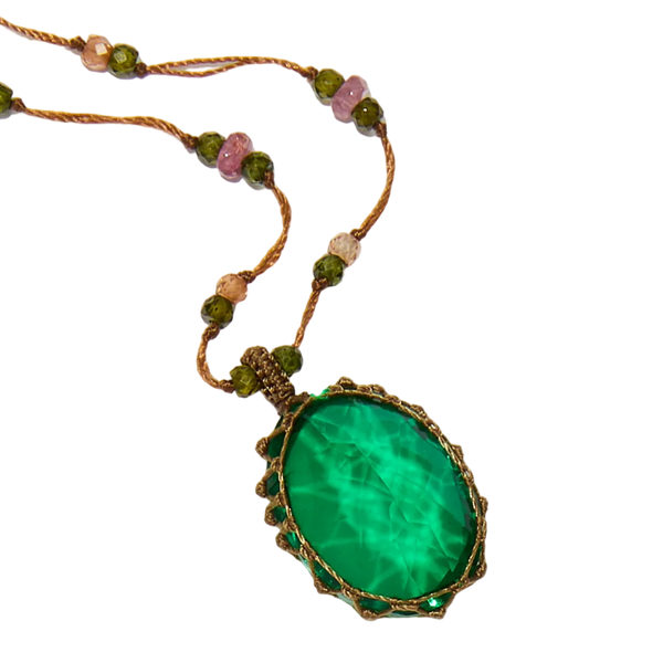 Collier court tibétain - Dublet Emeraude - Mix Tourmaline Rose - Fil Tabac