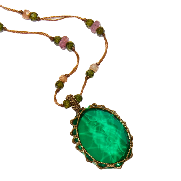 Collier court tibétain - Dublet Emeraude - Mix Tourmaline Rose - Fil Tabac