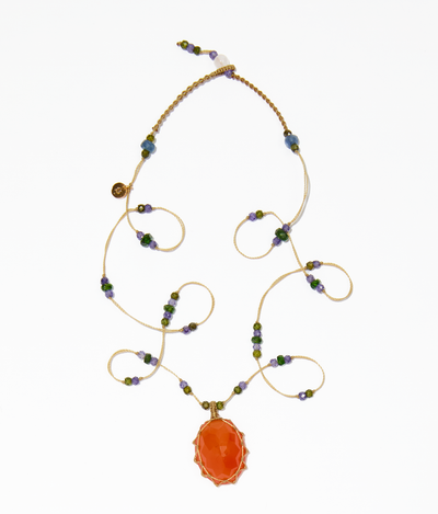 Collier court tibétain - Cornaline - Mix Tsavorit Purple - Fil Beige
