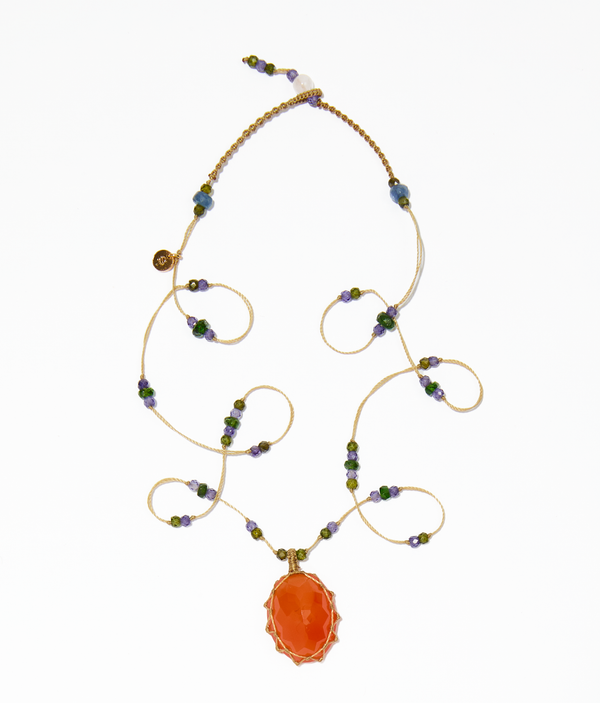 Collier court tibétain - Cornaline - Mix Tsavorit Purple - Fil Beige