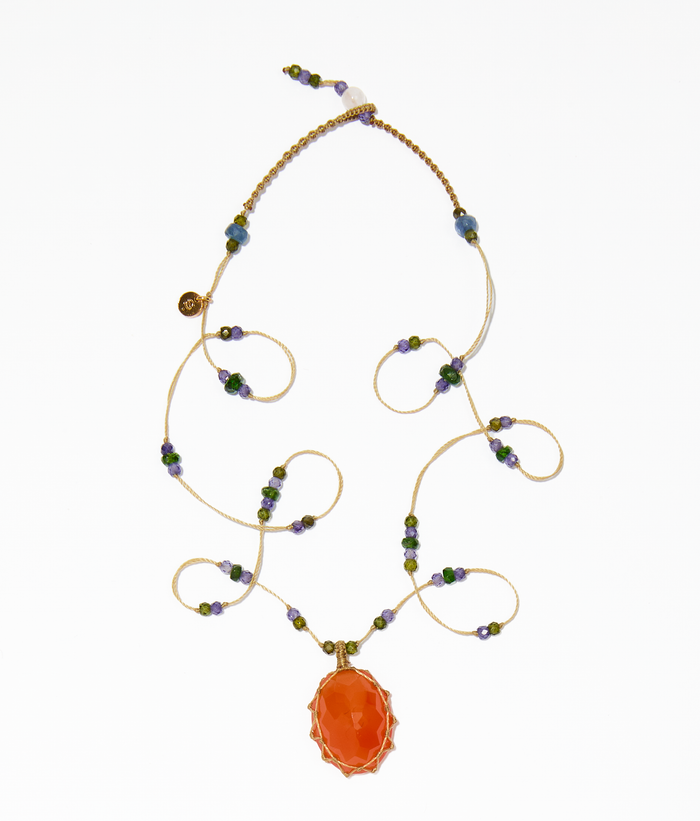 Collier court tibétain - Cornaline - Mix Tsavorit Purple - Fil Beige