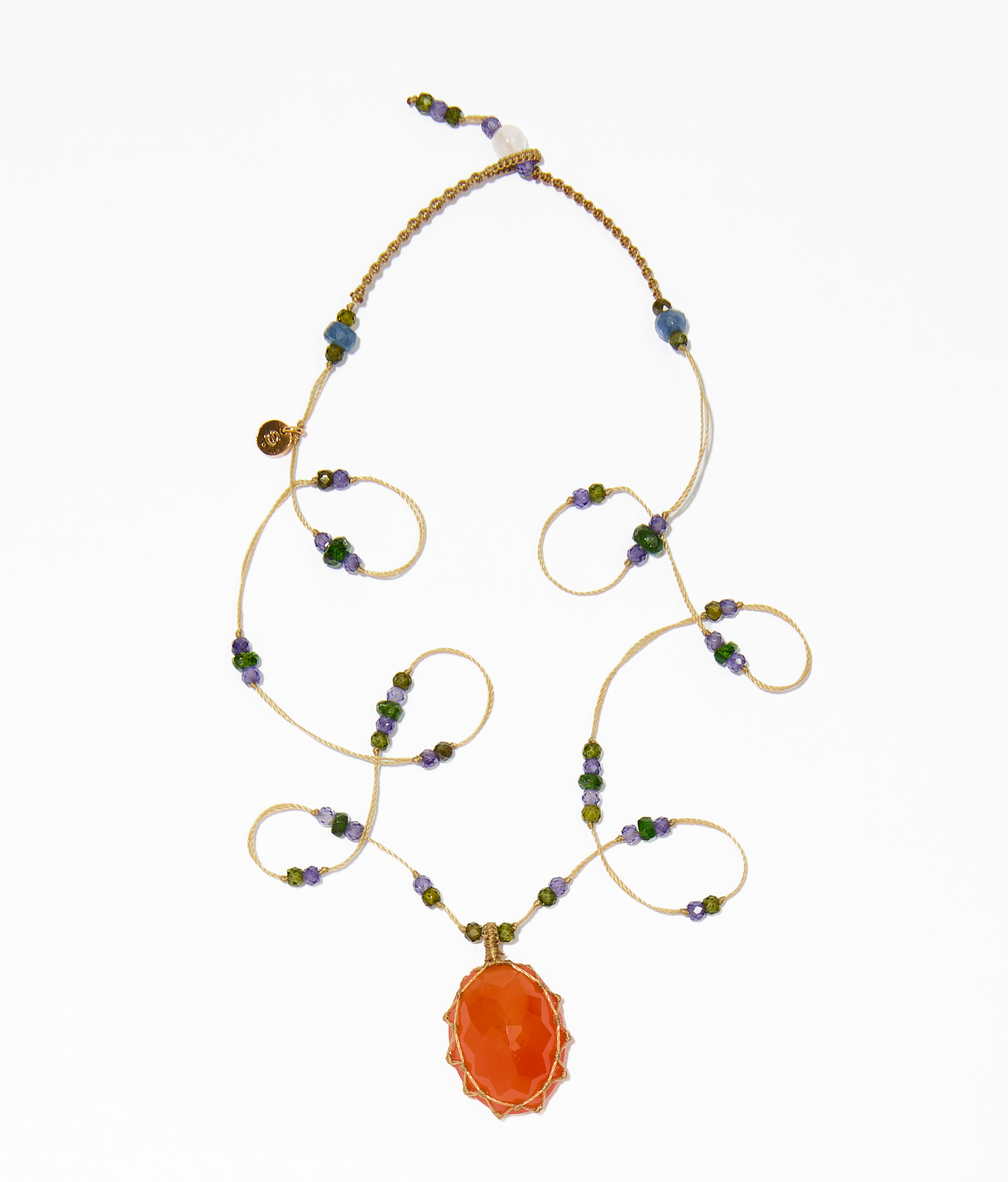 Collier court tibétain - Cornaline - Mix Tsavorit Purple - Fil Beige
