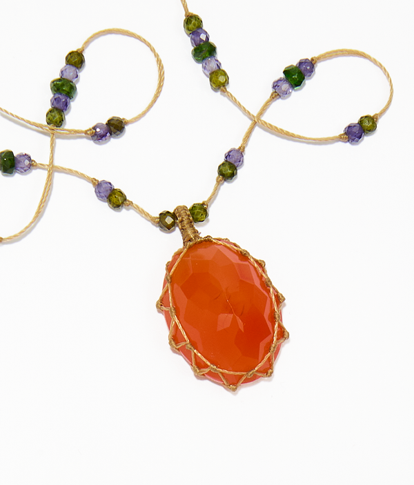 Collier court tibétain - Cornaline - Mix Tsavorit Purple - Fil Beige