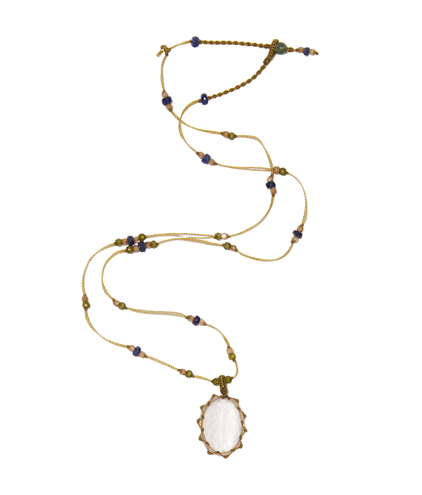 Collier court tibétain - Quartz Rose - Mix Multi Pierres - Fil Beige