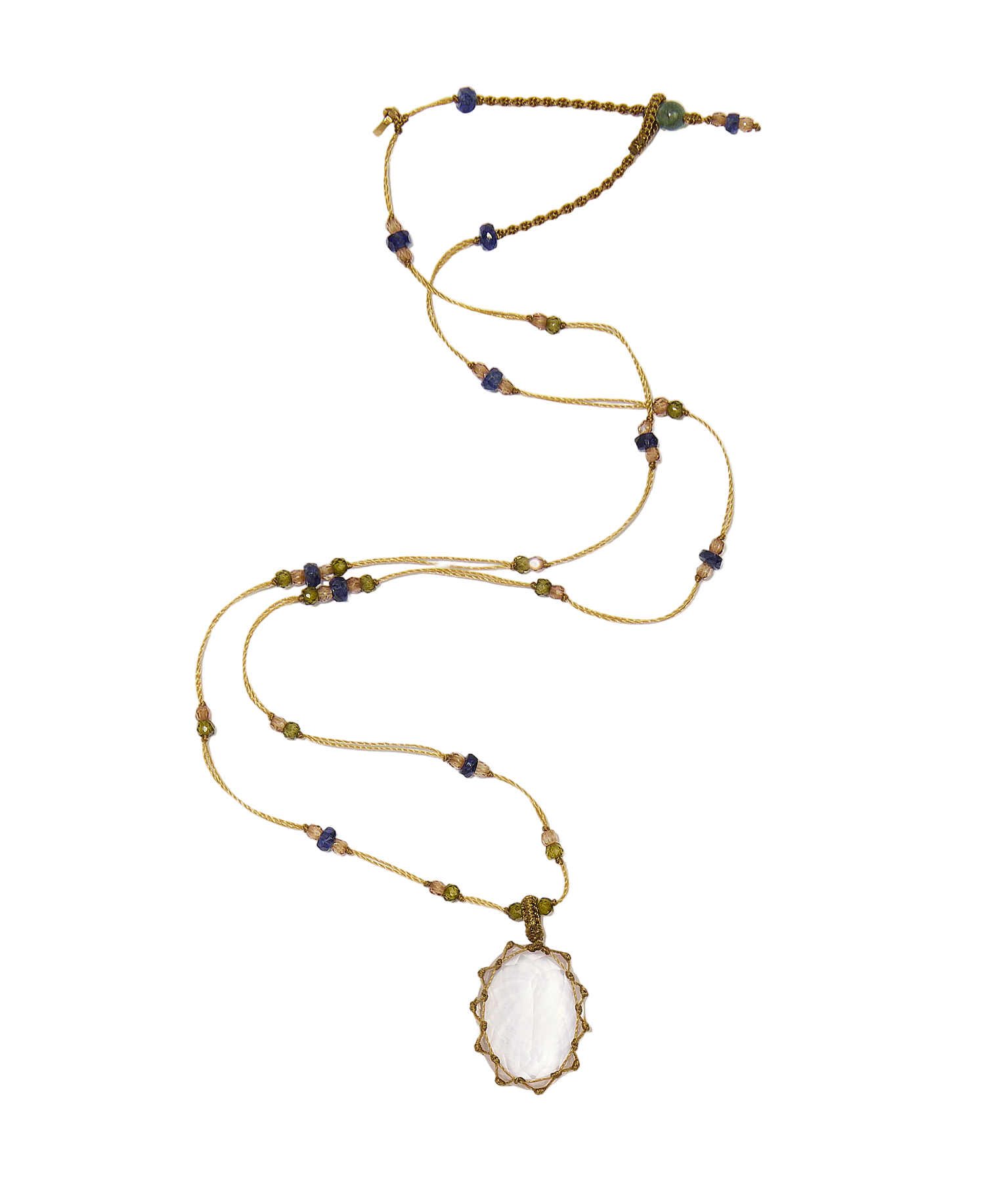 Collier court tibétain - Quartz Rose - Mix Multi Pierres - Fil Beige