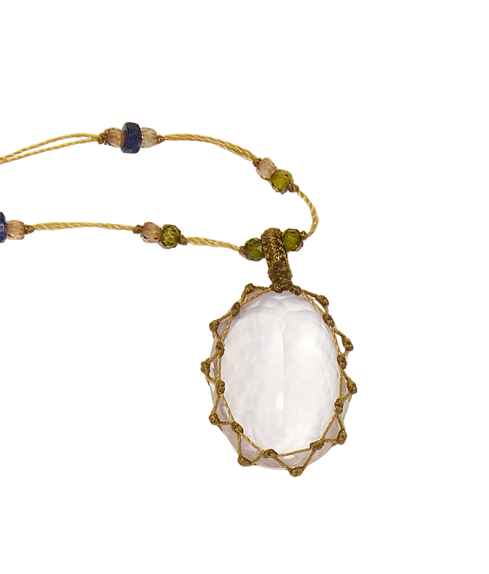 Collier court tibétain - Quartz Rose - Mix Multi Pierres - Fil Beige