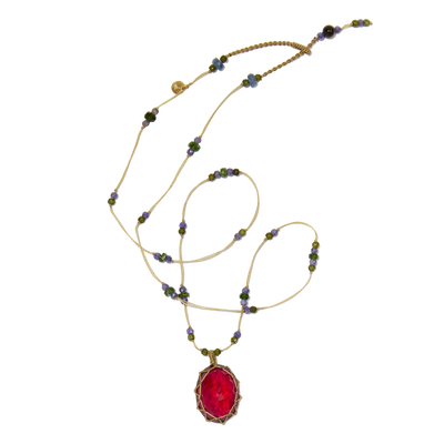 Collier court tibétain - Indian Glass Red - Mix Tsavorite & Zircons violets - Fil Beige
