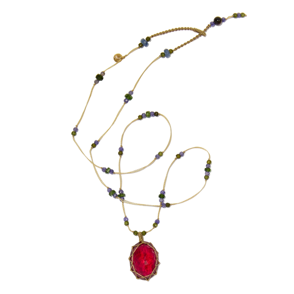 Collier court tibétain - Indian Glass Red - Mix Tsavorite & Zircons violets - Fil Beige