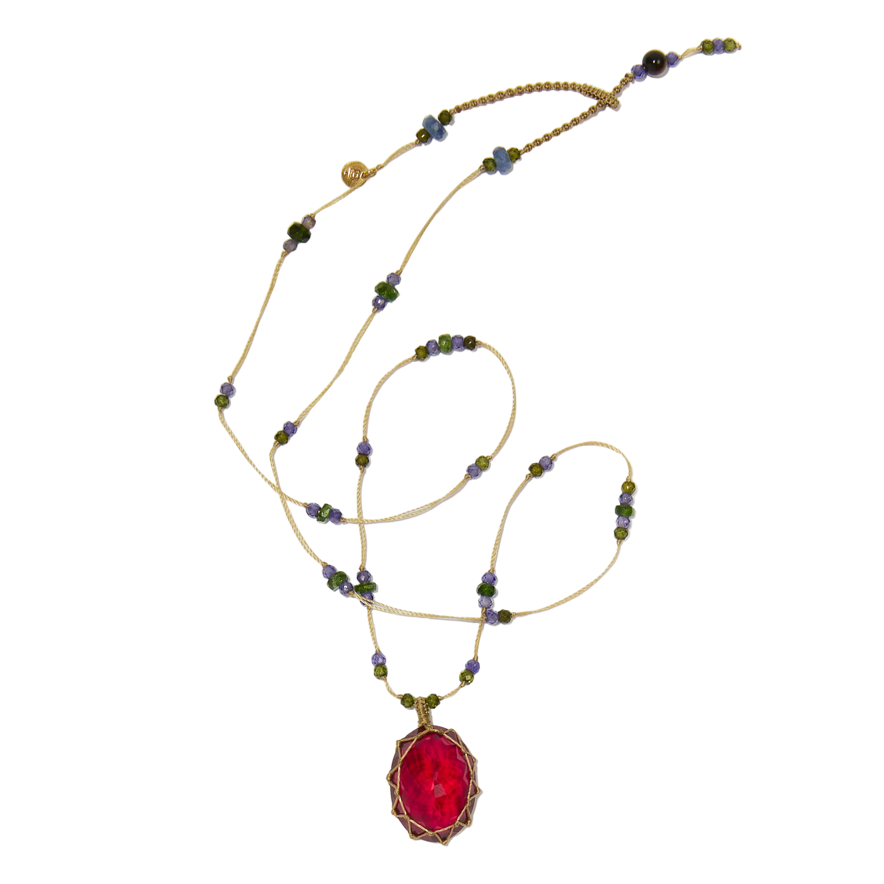 Collier court tibétain - Indian Glass Red - Mix Tsavorite & Zircons violets - Fil Beige