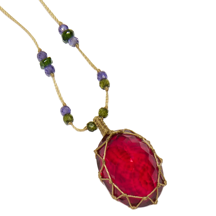 Collier court tibétain - Indian Glass Red - Mix Tsavorite & Zircons violets - Fil Beige