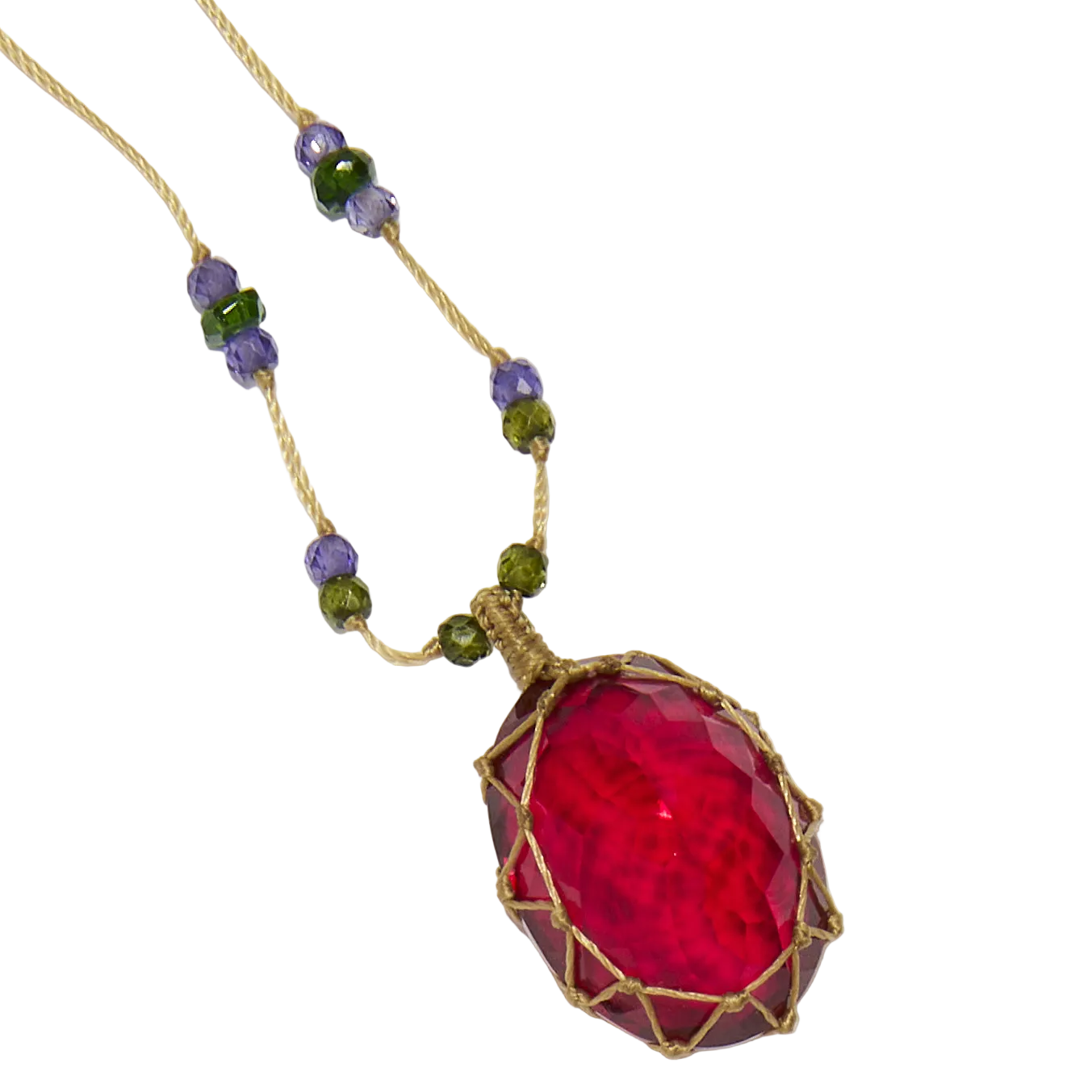 Collier court tibétain - Indian Glass Red - Mix Tsavorite & Zircons violets - Fil Beige