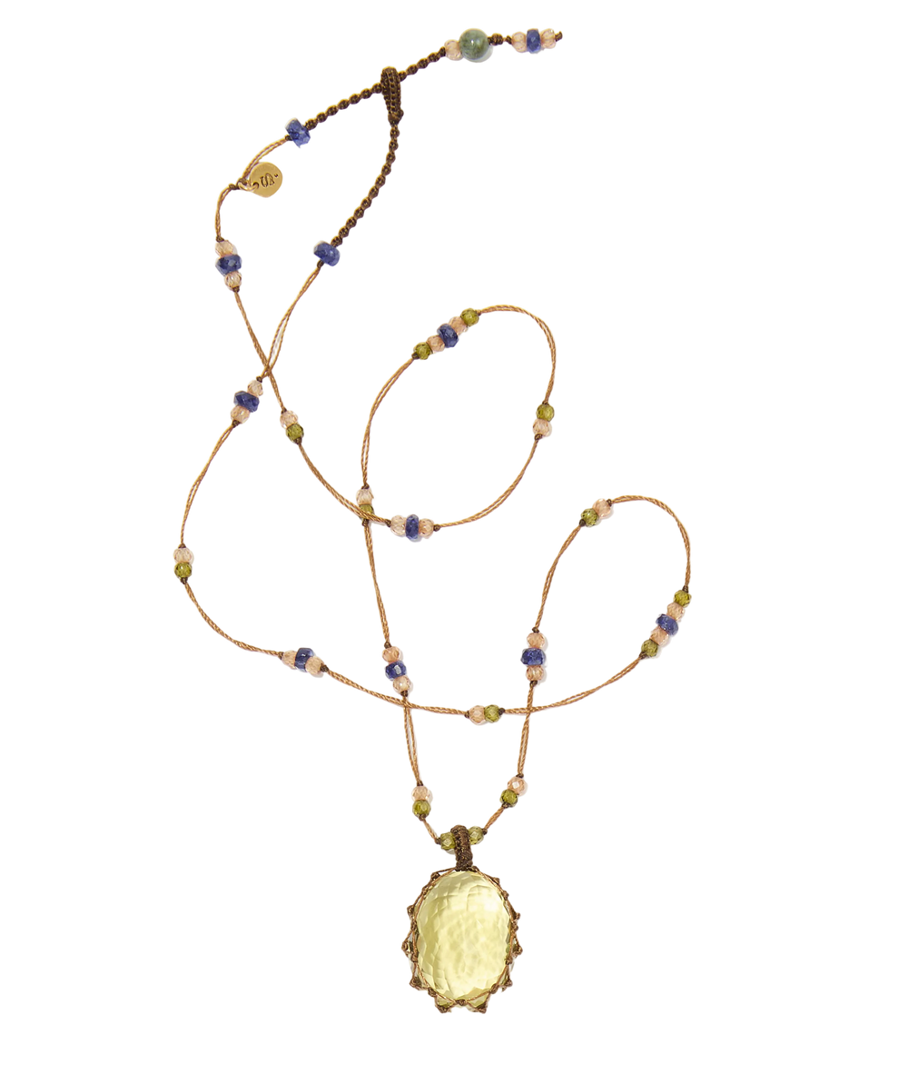 Collier court tibétain - Olive Quartz - Mix Saphir - Fil Beige