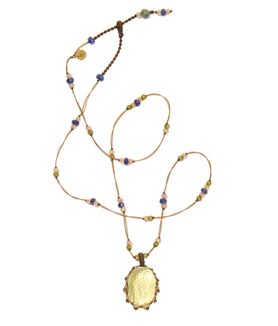 Collier court tibétain - Olive Quartz - Mix Saphir - Fil Beige
