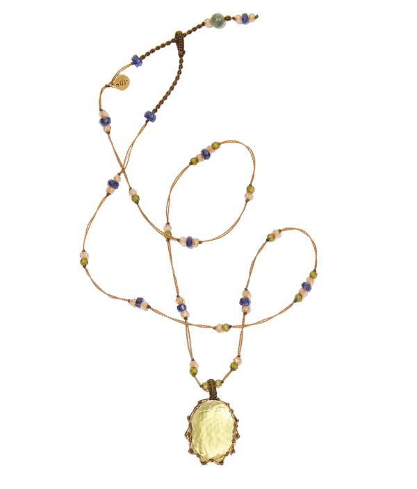 Collier court tibétain - Olive Quartz - Mix Saphir - Fil Beige