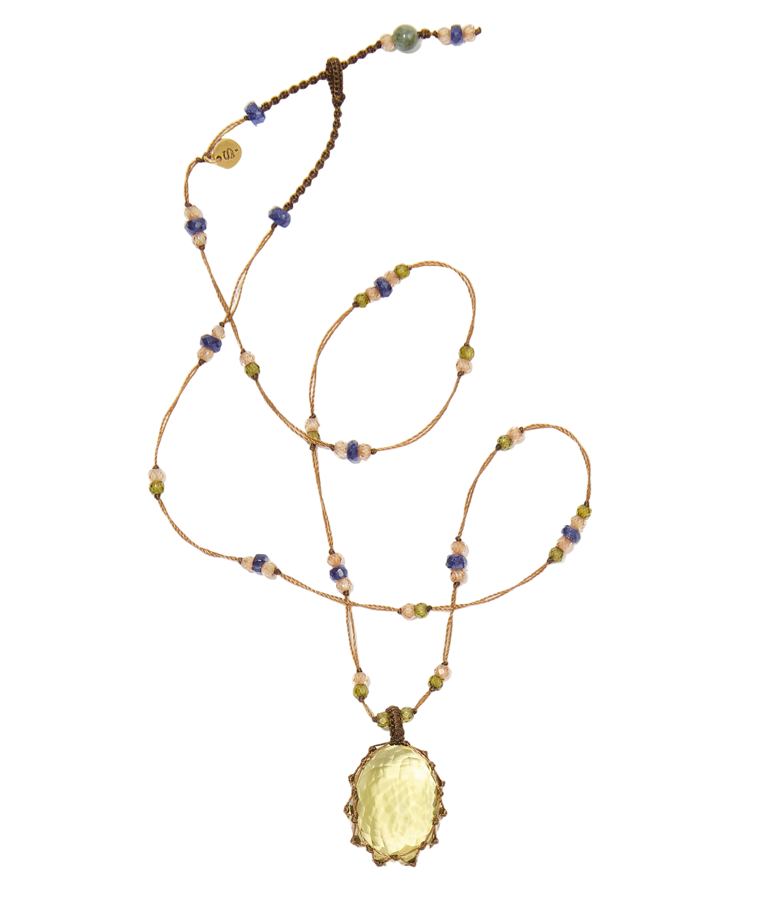 Collier court tibétain - Olive Quartz - Mix Saphir - Fil Beige