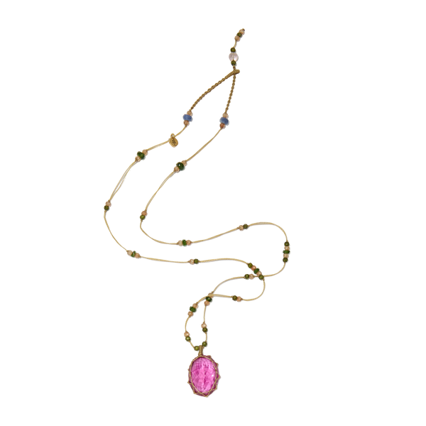 Collier court tibétain - Indian Glass Pink - Mix Emeraude - Fil Beige
