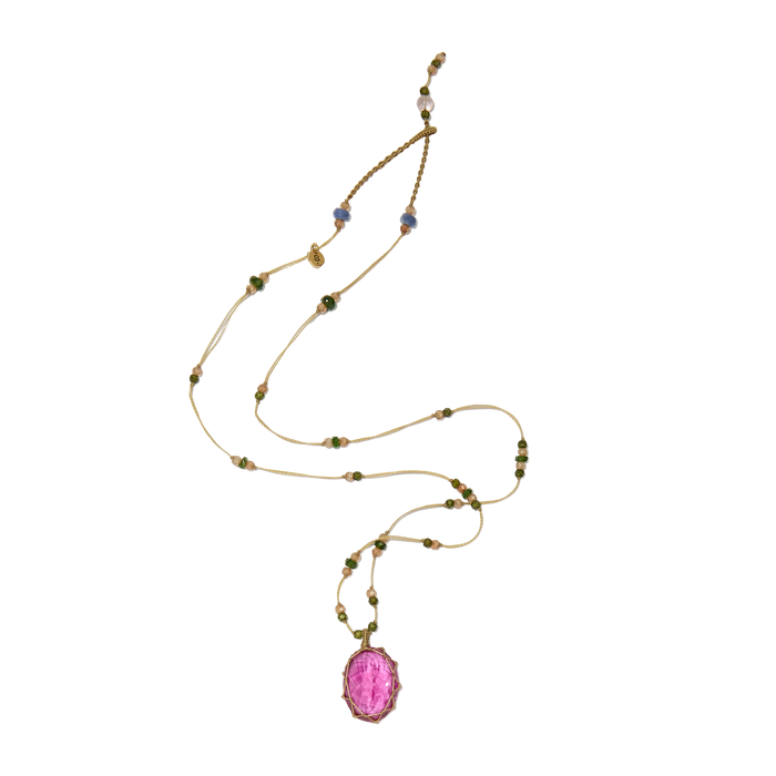Collier court tibétain - Indian Glass Pink - Mix Emeraude - Fil Beige