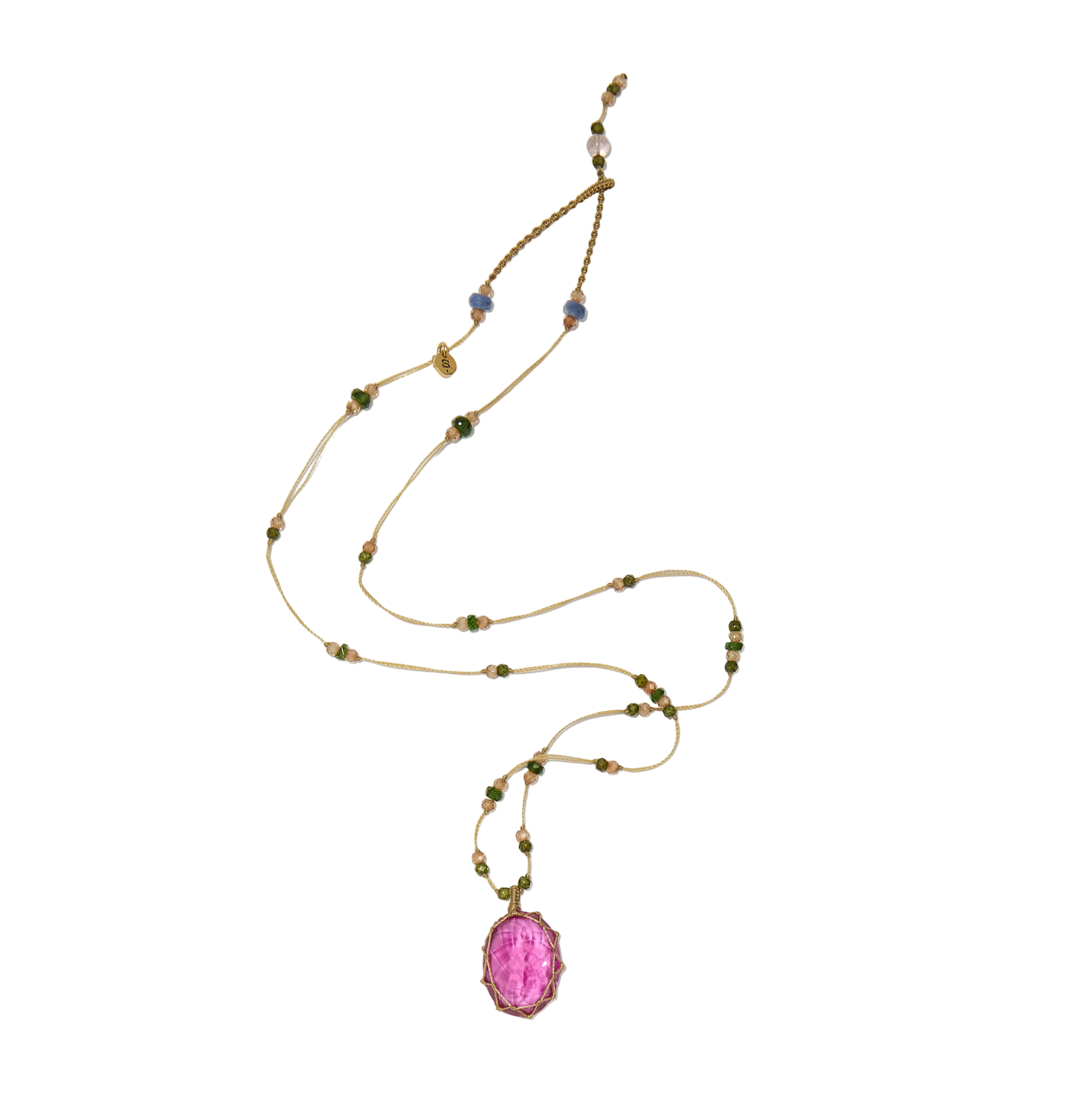 Collier court tibétain - Indian Glass Pink - Mix Emeraude - Fil Beige