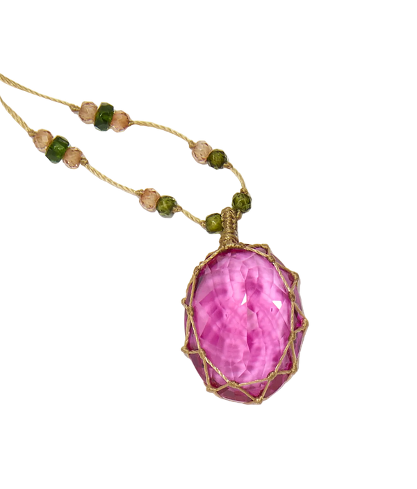 Collier court tibétain - Indian Glass Pink - Mix Emeraude - Fil Beige