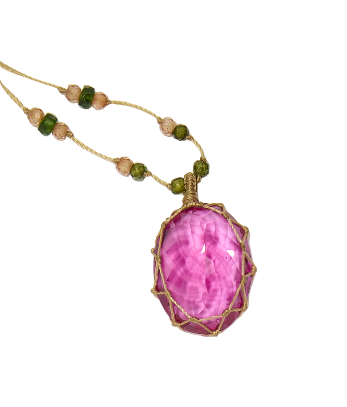 Collier court tibétain - Indian Glass Pink - Mix Emeraude - Fil Beige