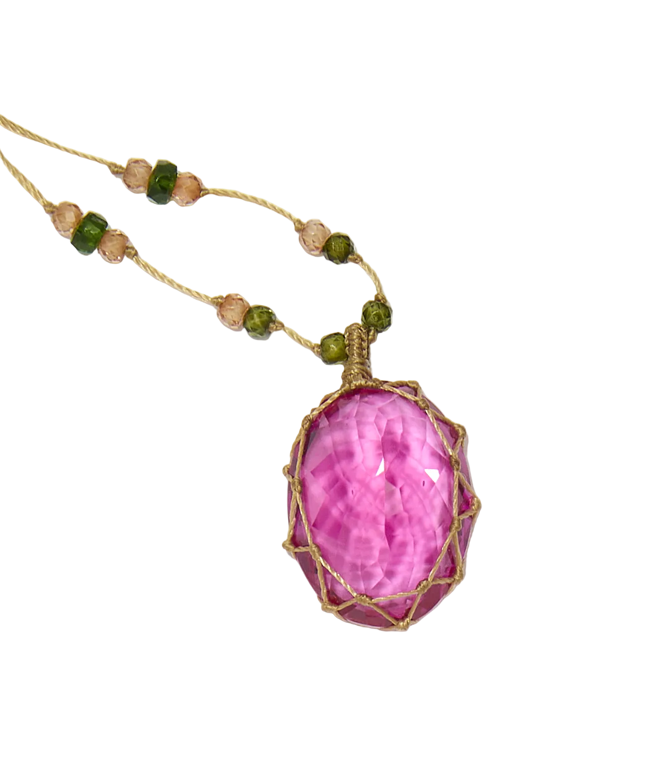 Collier court tibétain - Indian Glass Pink - Mix Emeraude - Fil Beige