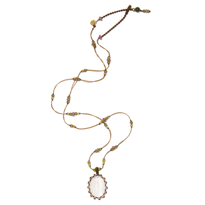 Collier court tibétain - Quartz Rose - Mix Tourmaline Rose - Fil Tabac