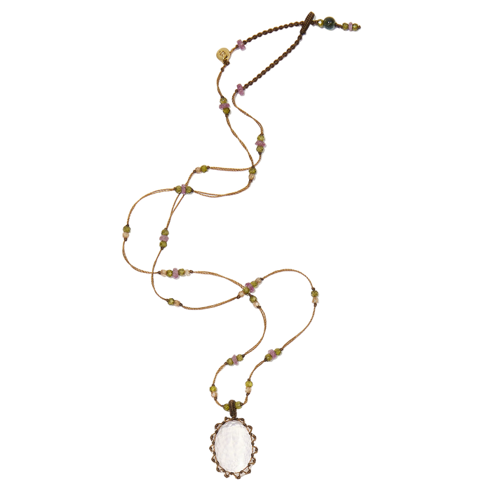 Collier court tibétain - Quartz Rose - Mix Tourmaline Rose - Fil Tabac