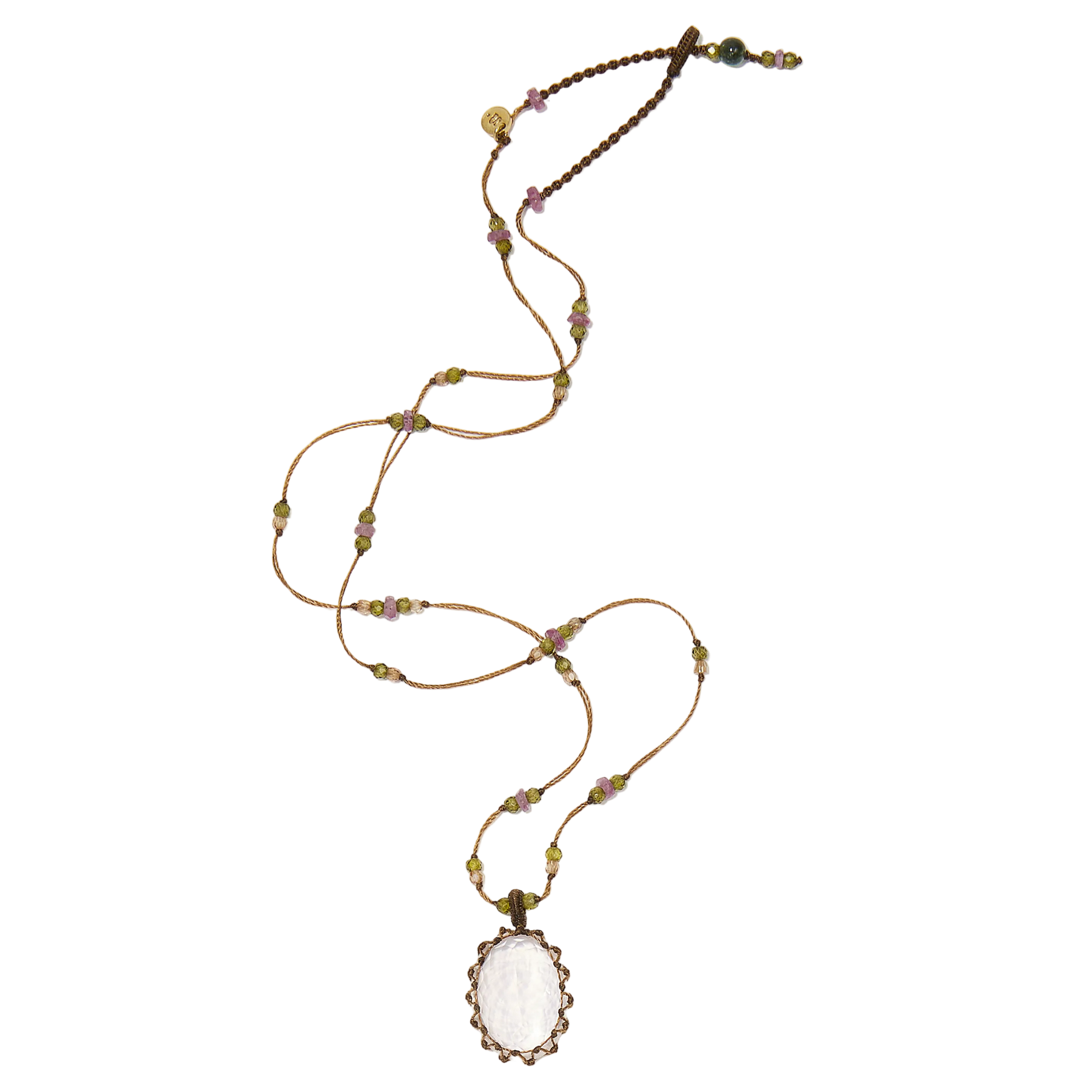 Collier court tibétain - Quartz Rose - Mix Tourmaline Rose - Fil Tabac