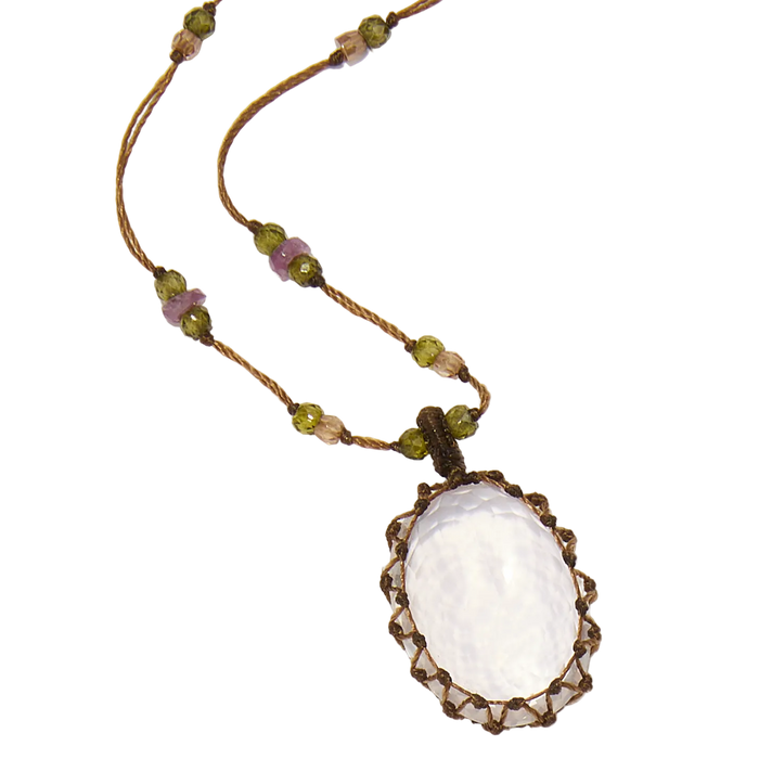 Collier court tibétain - Quartz Rose - Mix Tourmaline Rose - Fil Tabac