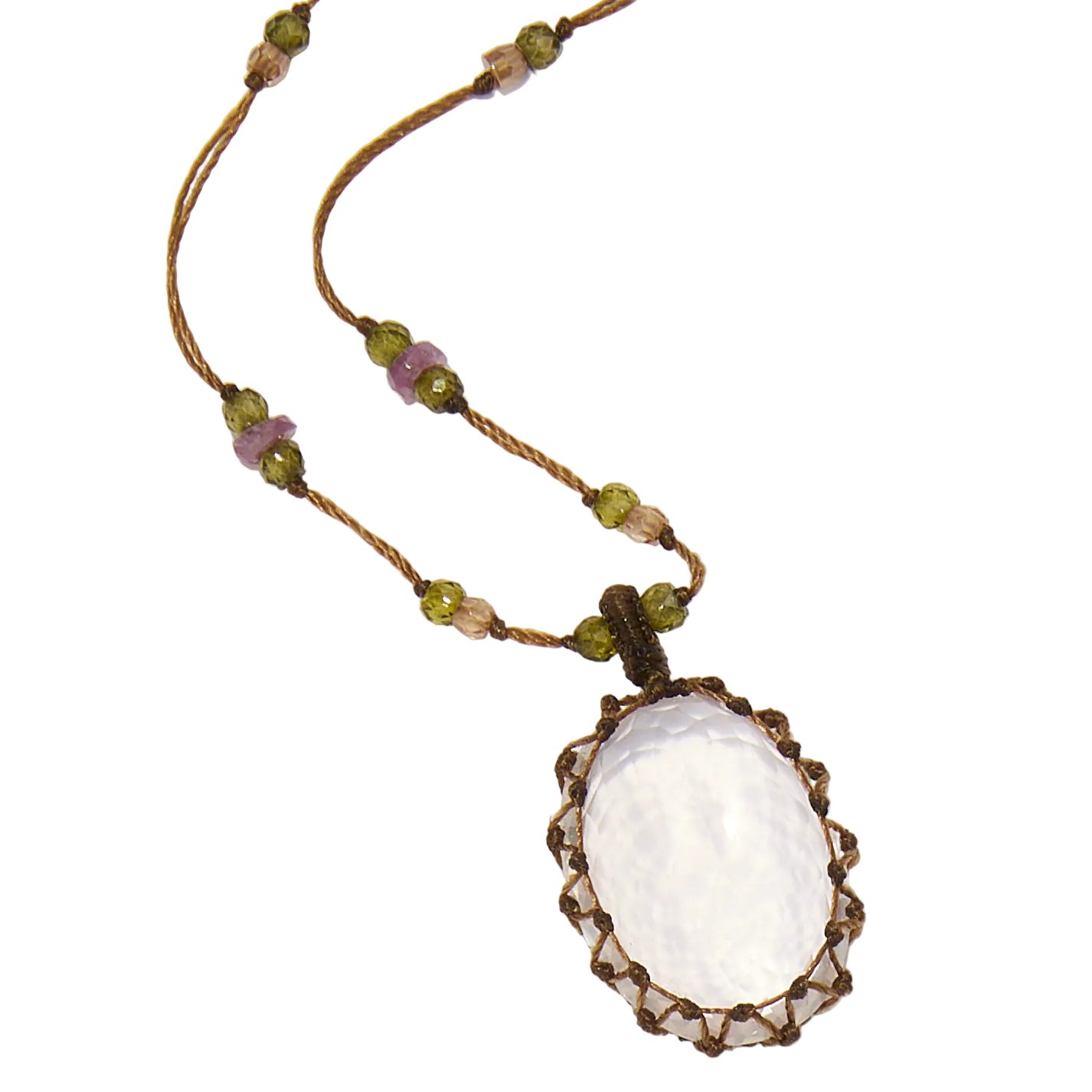 Collier court tibétain - Quartz Rose - Mix Tourmaline Rose - Fil Tabac