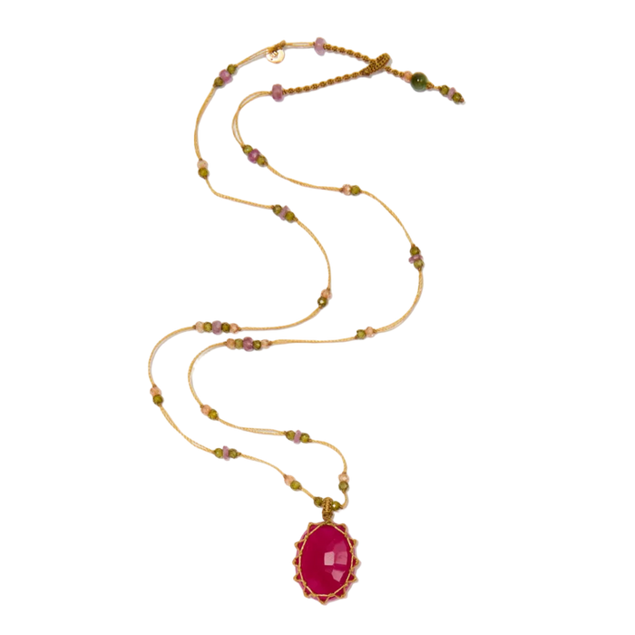 Collier court tibétain - Calcédoine rouge - Mix Tourmaline - Fil Beige