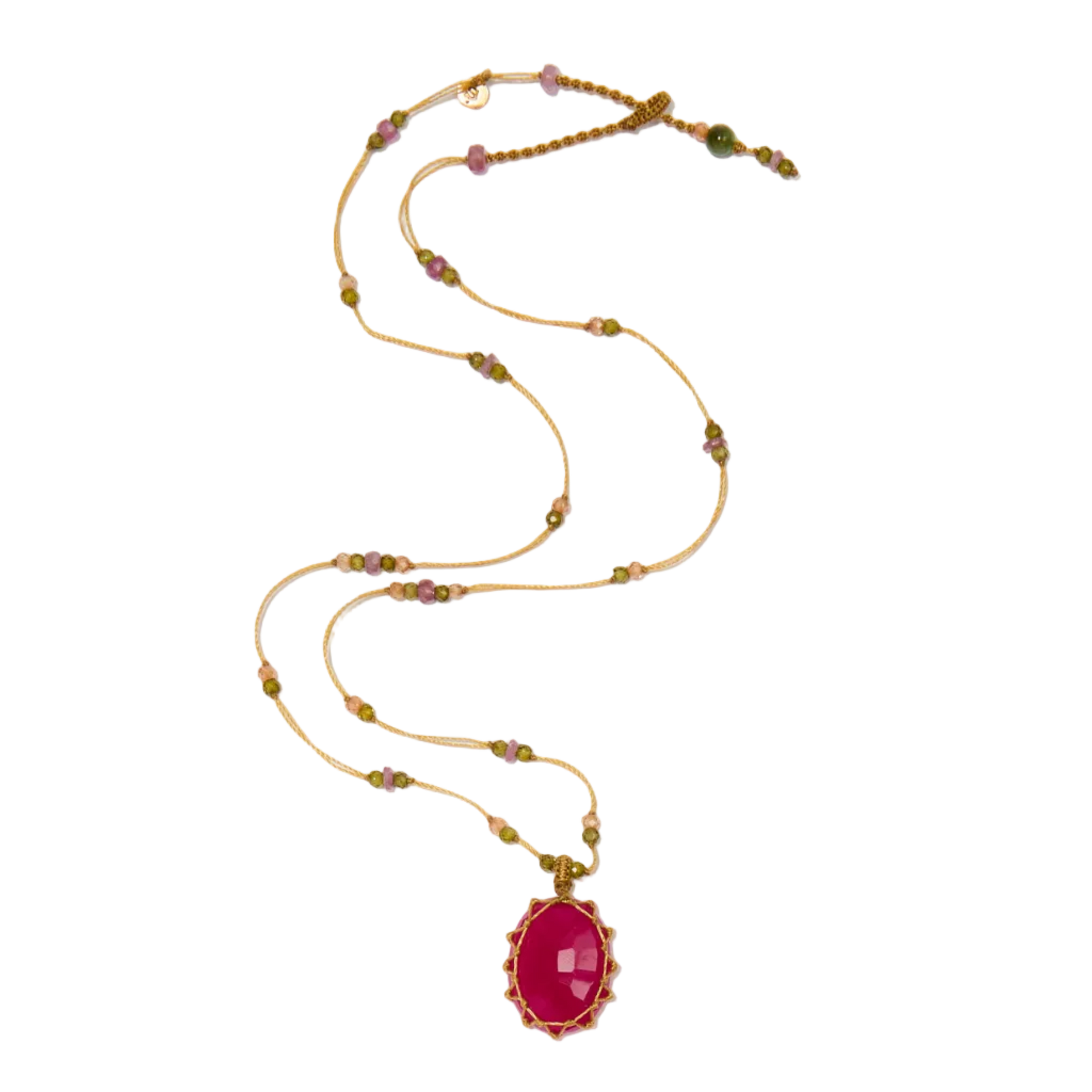 Collier court tibétain - Calcédoine rouge - Mix Tourmaline - Fil Beige