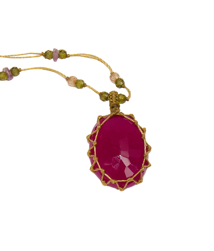 Collier court tibétain - Calcédoine rouge - Mix Tourmaline - Fil Beige