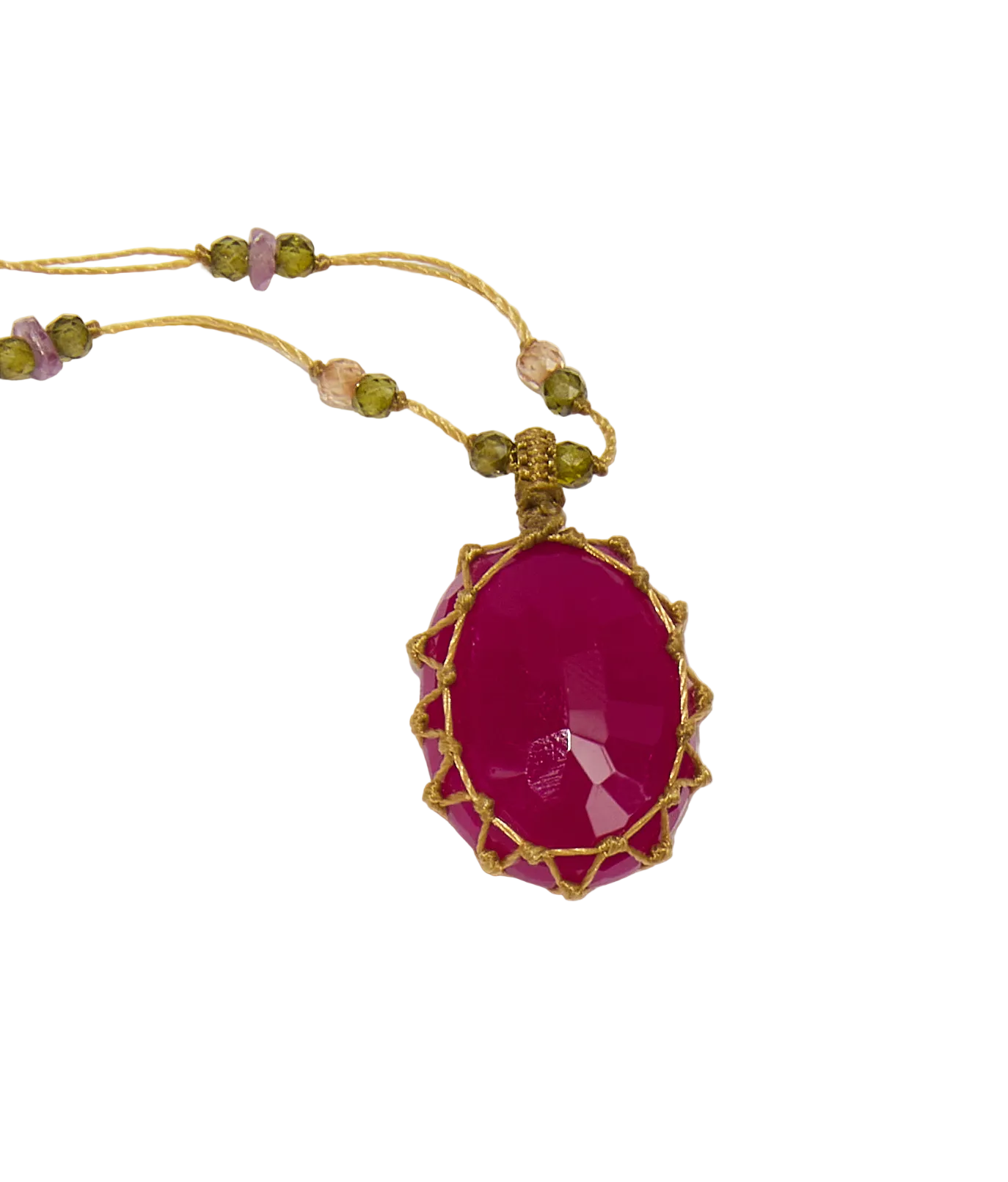 Collier court tibétain - Calcédoine rouge - Mix Tourmaline - Fil Beige
