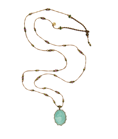 Sautoir Tibétain - Amazonite - Mix Tourmaline Rose - Fil Tabac