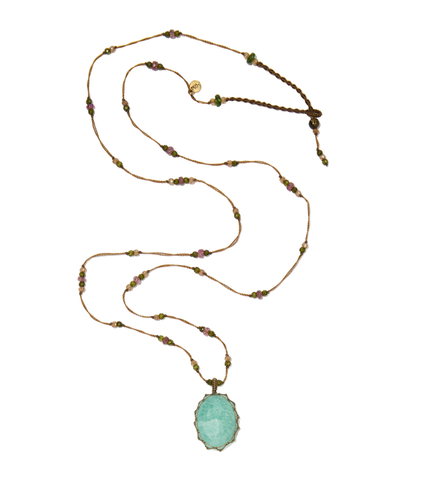Sautoir Tibétain - Amazonite - Mix Tourmaline Rose - Fil Tabac