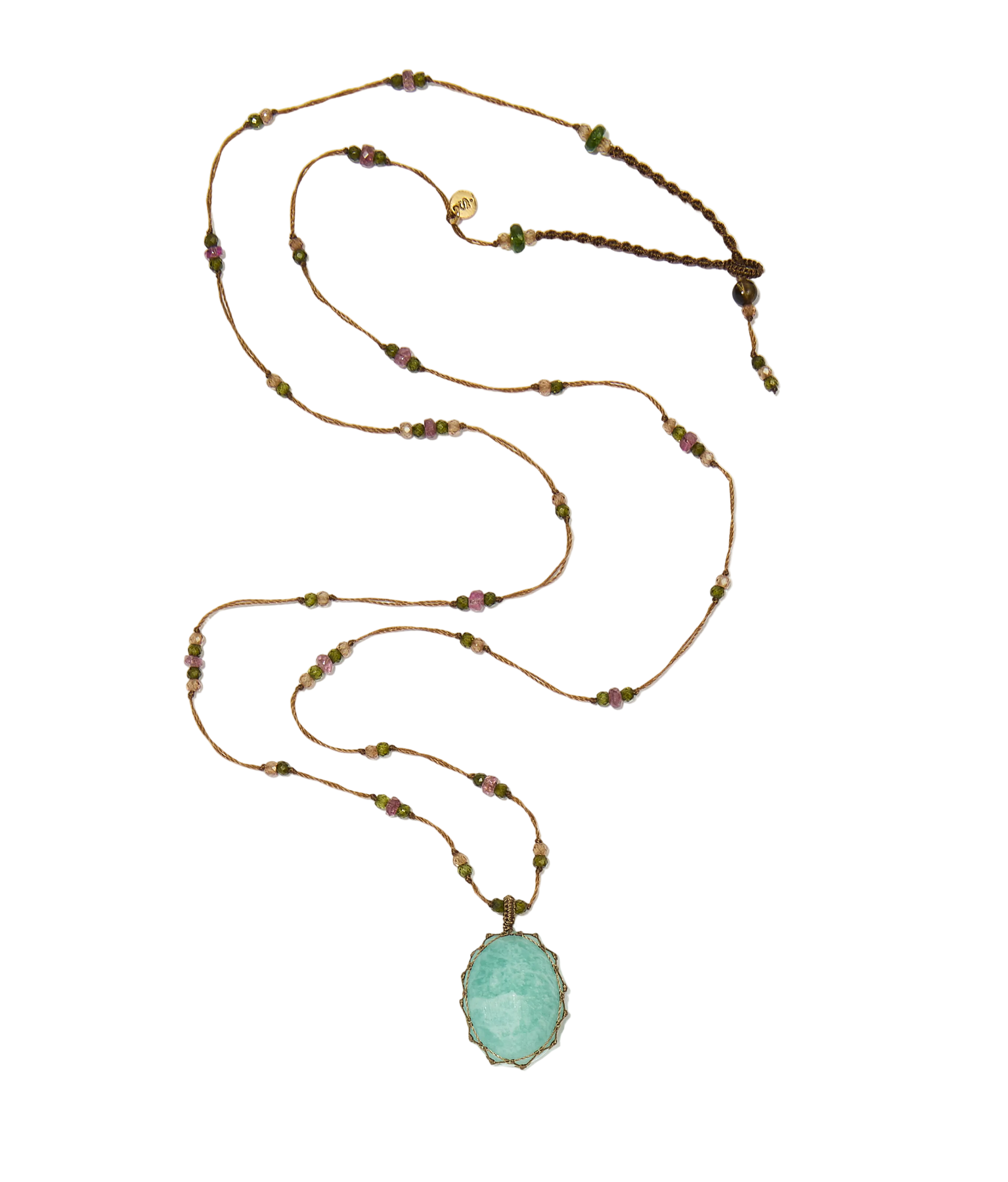 Sautoir Tibétain - Amazonite - Mix Tourmaline Rose - Fil Tabac