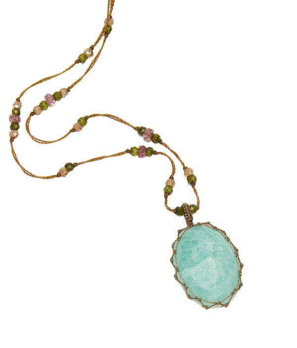 Sautoir Tibétain - Amazonite - Mix Tourmaline Rose - Fil Tabac