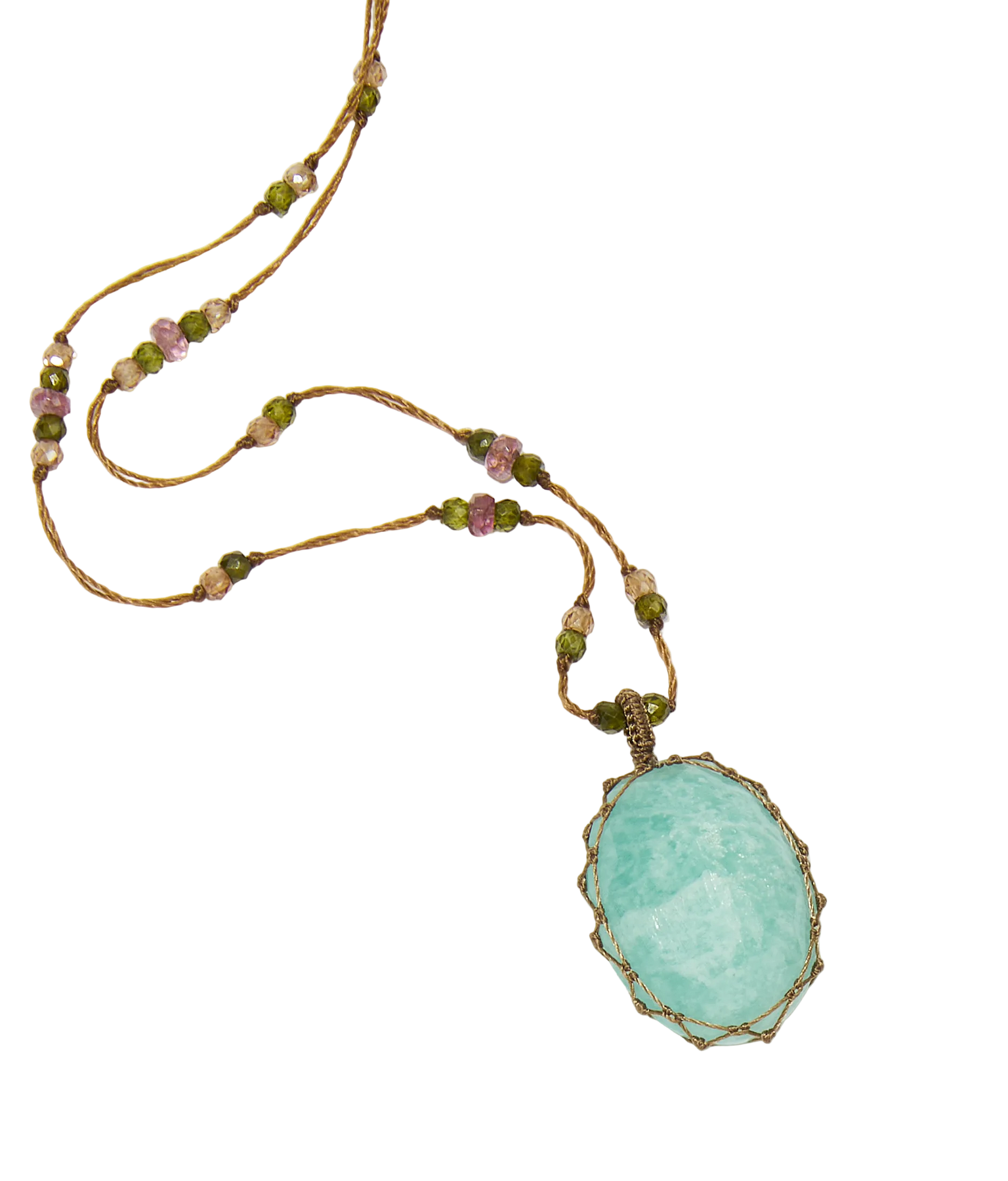 Sautoir Tibétain - Amazonite - Mix Tourmaline Rose - Fil Tabac