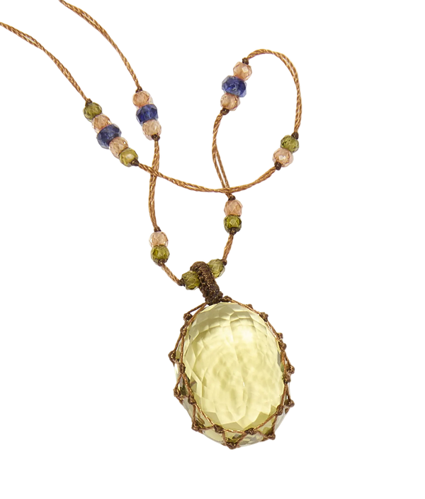 Collier court tibétain - Olive Quartz - Mix Saphir - Fil Beige