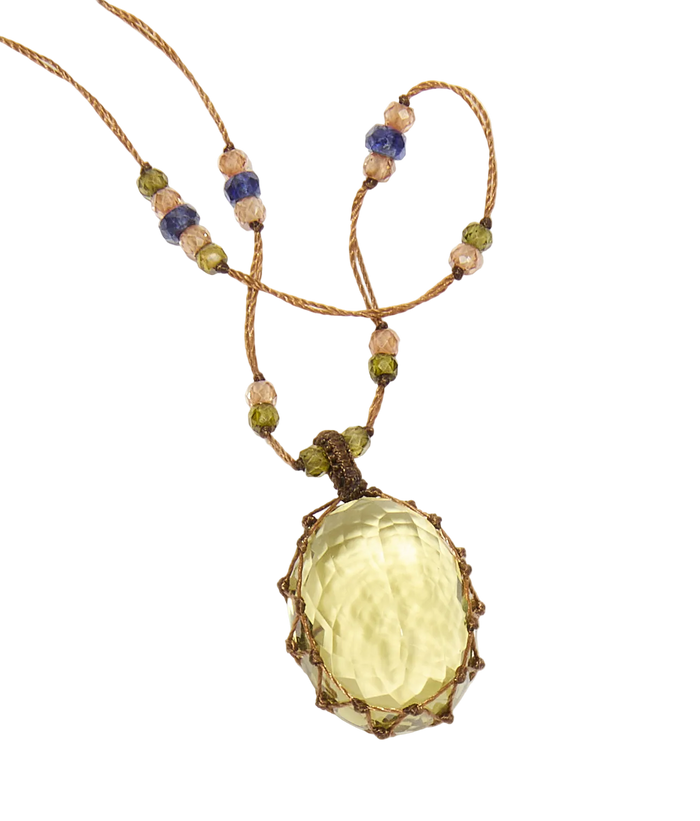 Collier court tibétain - Olive Quartz - Mix Saphir - Fil Beige